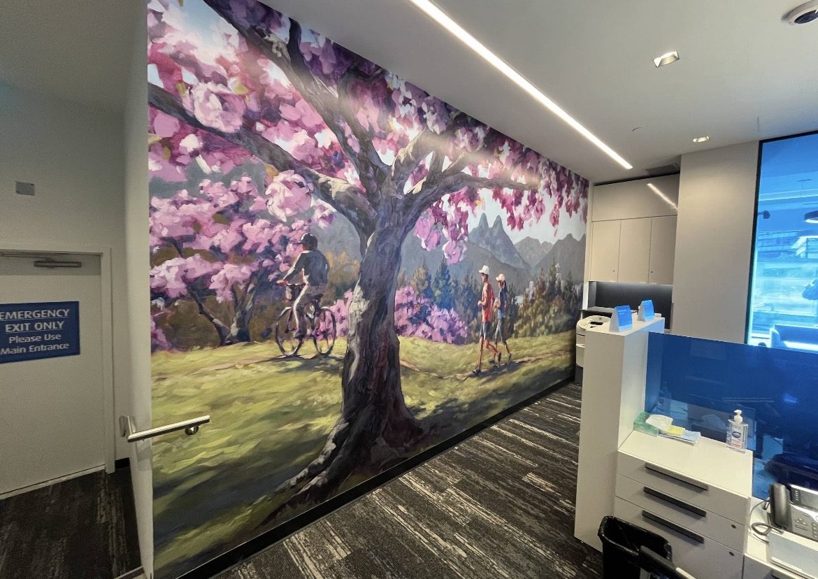 Custom printed wall mural graphics installed in an office reception area in Vancouver