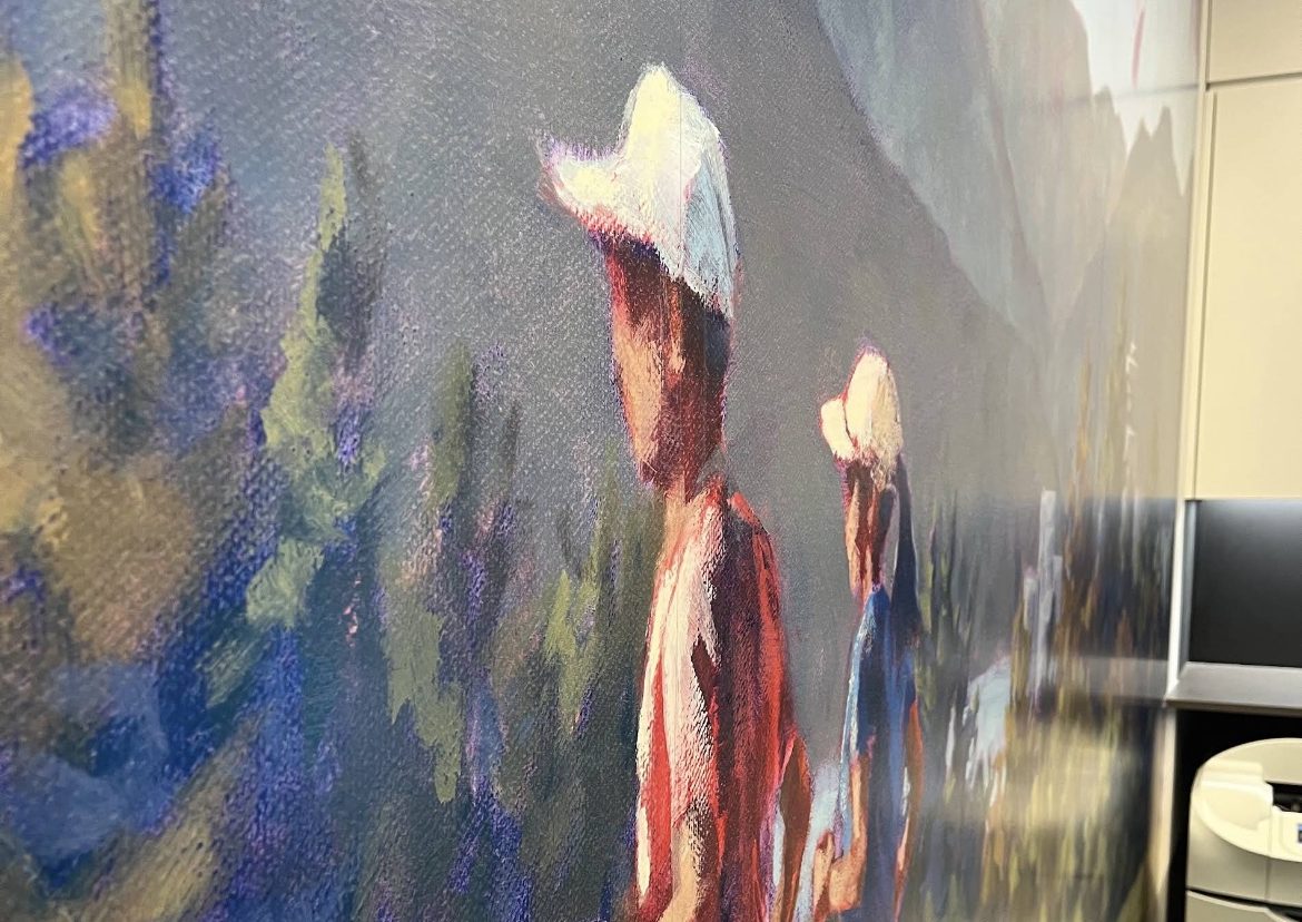 Close-up of high-quality printed wall graphic detail on an office wall